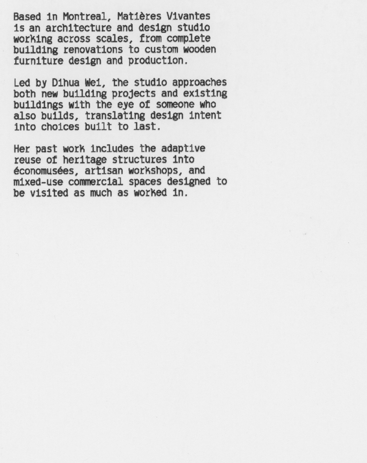 Matières Vivantes — studio statement, English